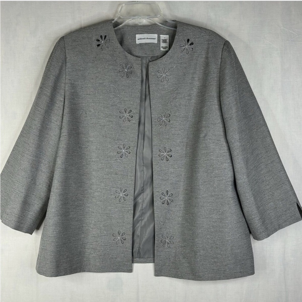 Alfred Dunner Blazer Womens 12 Gray 3/4 Sleeve Open Front Floral Eyelet Career